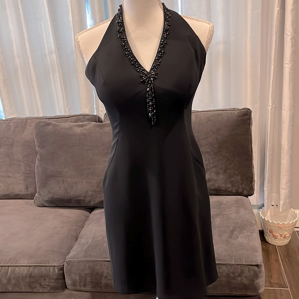 Maggie London Halter Cocktail Dress. Beautiful V-Neck with Beads. Like  New. 6
